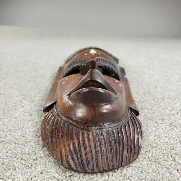 Vintage African Tribal Mask 19" Wood Hand Carved Face Natural Inlaid Art Decor